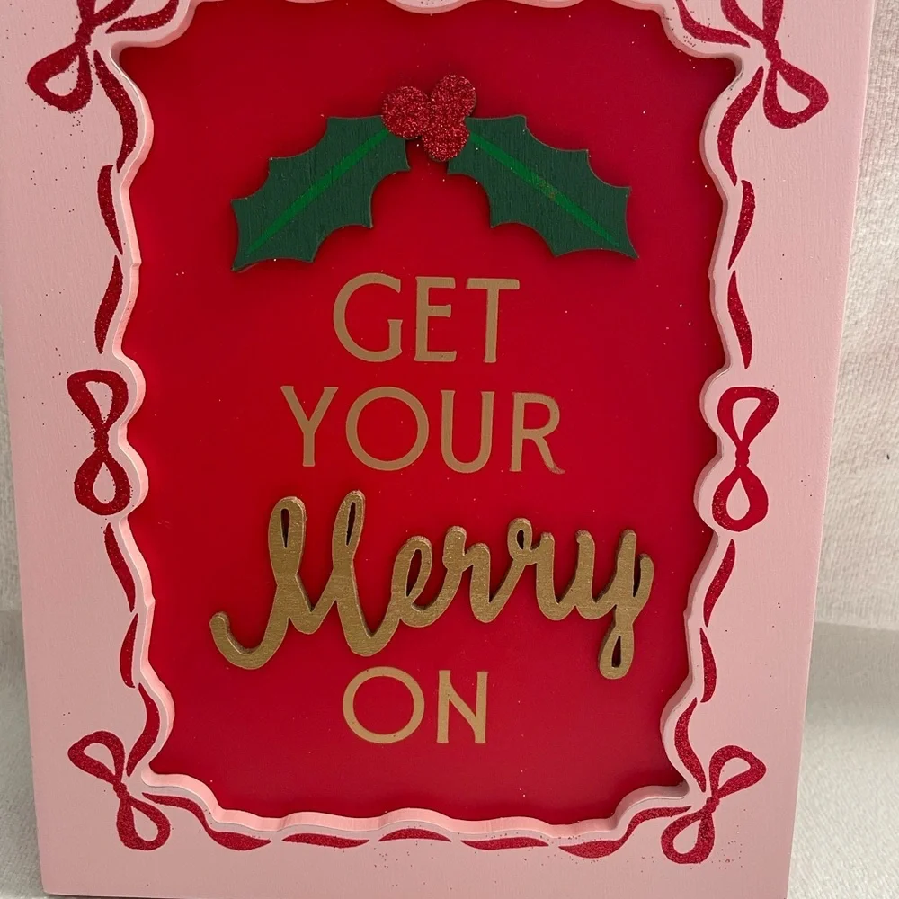 NWT Ashland Festive Holiday Sign with Holly - Red and Pink